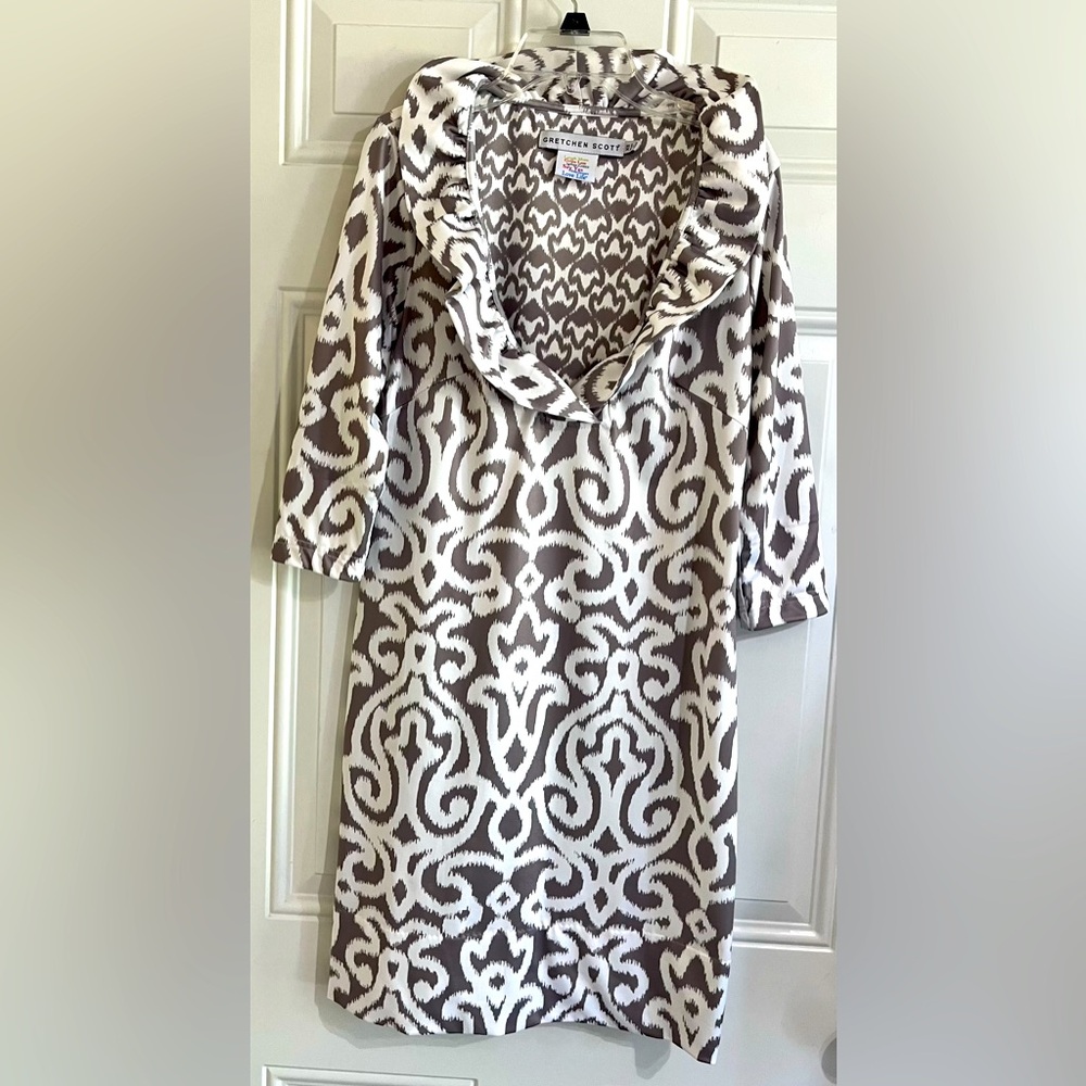 Gretchen Scott Dress Women XS Gray White 3/4 Sleeve Collared Ruffle Mini Stretch